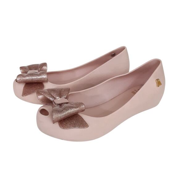 Mini Melissa Girls 12 UltraGel Bow Flats Rose Gold Glitter Ballet Flats Pink - Picture 3 of 11